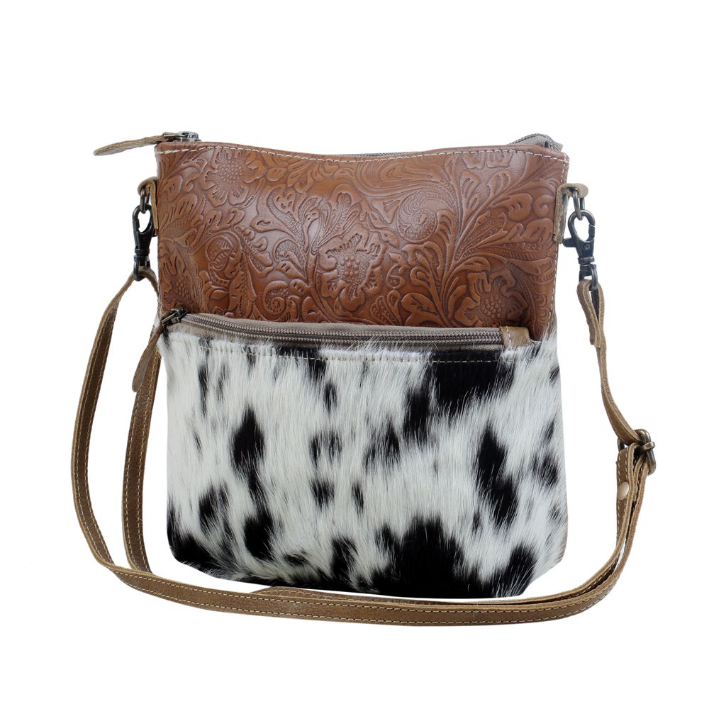 Myra Frontier Trail Embossed Leather Crossbody Bag â€“ Western Hairon Purse with Adjustable Leather Strap