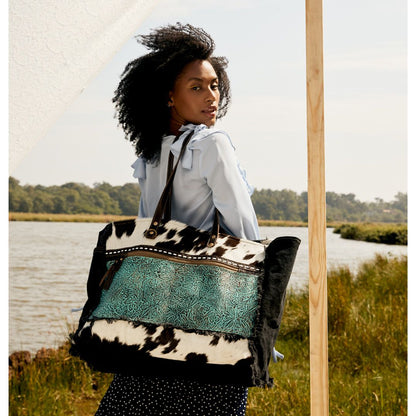 Myra Sea Grass Hair-On Leather Tote - Spacious Cowhide Bag with Embossed Front Pocket for Everyday Elegance