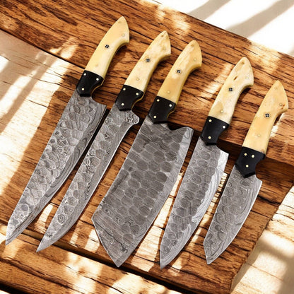 Handmade Damascus Kitchen Knives Set | Bone & Horn Handles