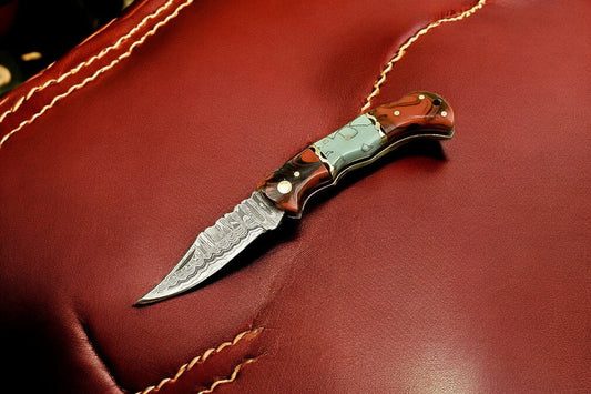 Custom Handmade Damascus Pocket Knife – Epoxy Resin Handle