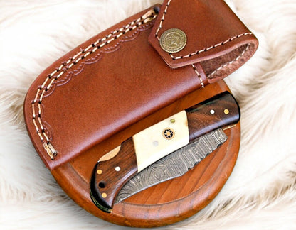 Handmade Damascus Steel Pocket Knife – Rosewood & Bone