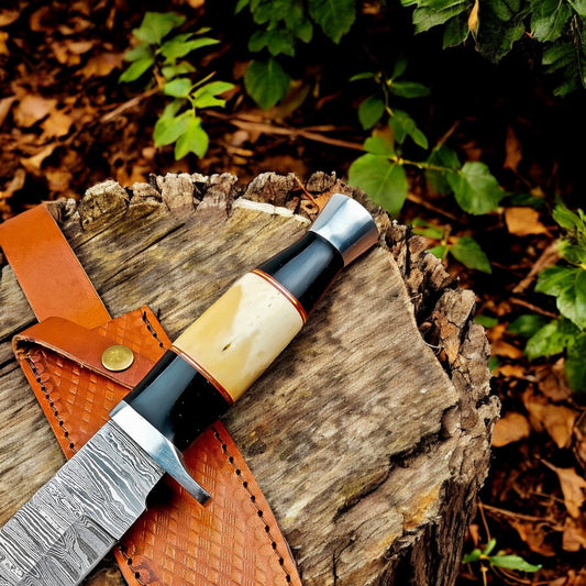 Handmade Damascus Bowie Knife – Bone & Buffalo Horn Handle