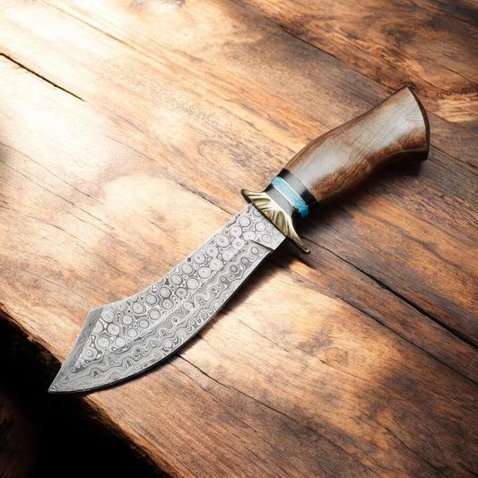 Custom Handmade Damascus Bowie Knife with Rosewood Handle
