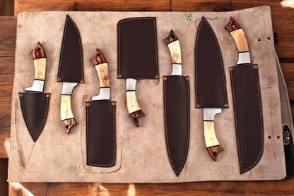 Handmade Damascus Kitchen Knives Set with Leather Roll
