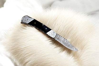 Custom Handmade Damascus Pocket Knife with Buffalo Horn Handle