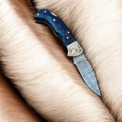 Handmade Damascus Folding Knife – Exotic Wood & Brass
