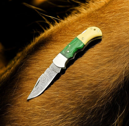 Custom Handmade Damascus Pocket Knife – Bone & Wood Handle