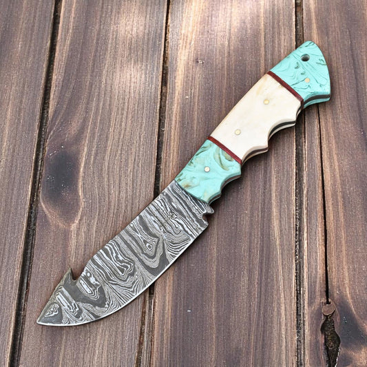 Handmade Damascus Steel Gut Hook Hunting Knife 8"
