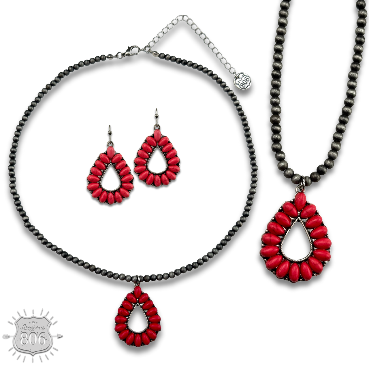 Open stone teardrop necklace set, last call