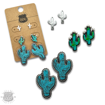 Turquoise and silver cactus earring set
