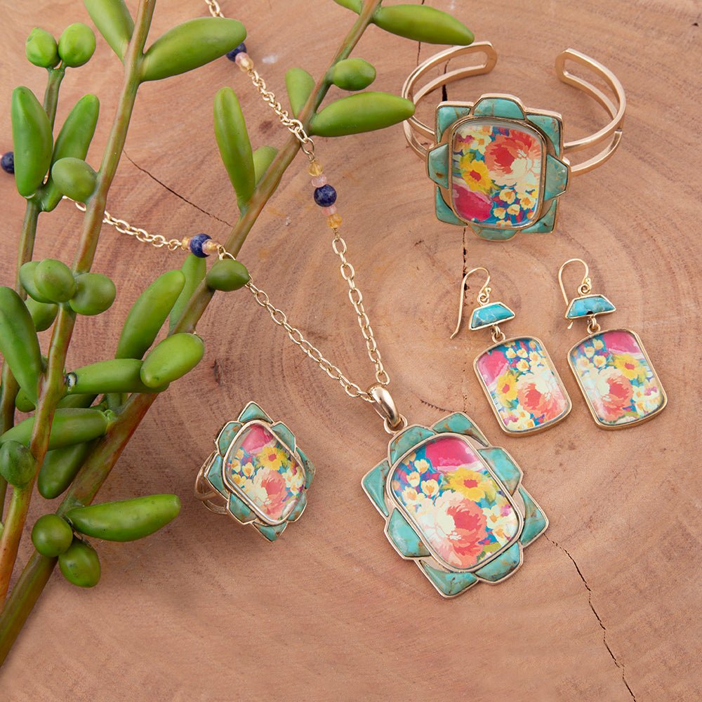 Scenic Floral and Blue Turquoise Golden Pendant Necklace