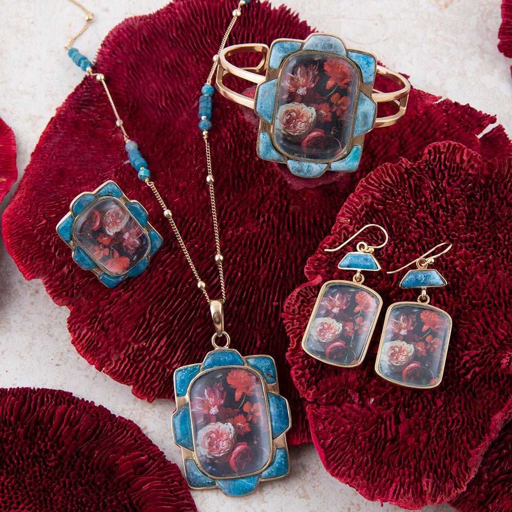 Scenic Red Floral Blue Apatite Golden Cuff Bracelet
