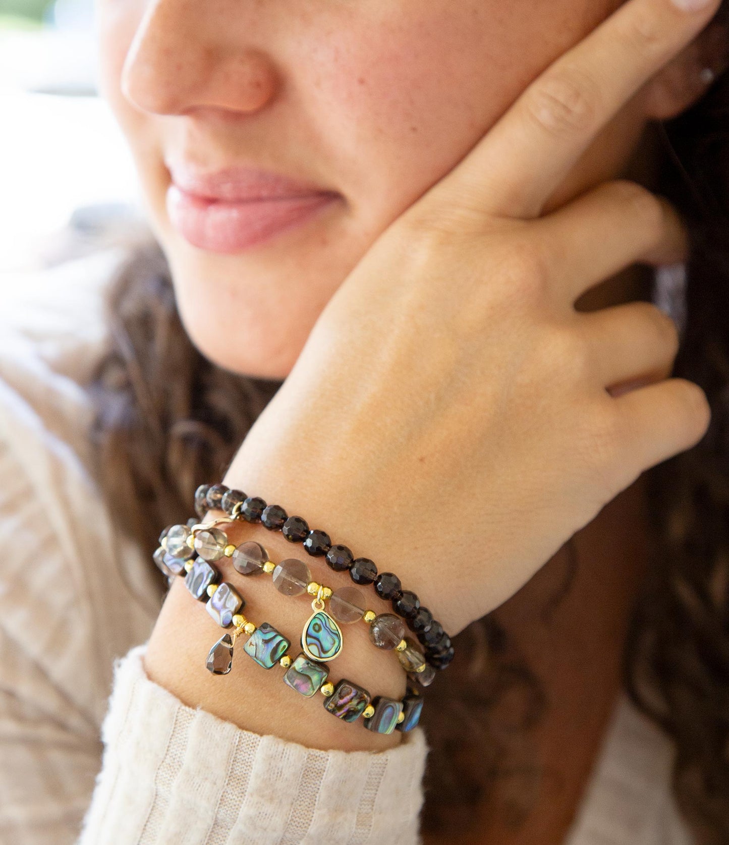 Sepia Sea Black Smoky Quartz and Blue Abalone Bracelet Set