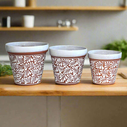 Set of 3 Talavera Flower Pots | Brown & White Terracotta Planters
