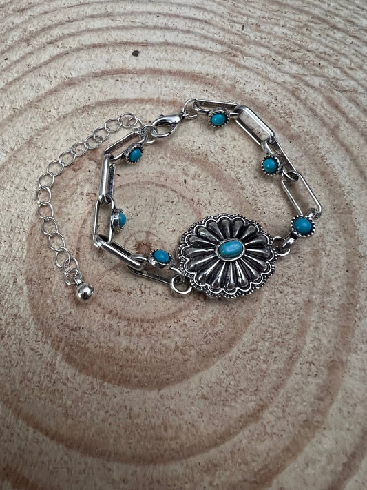Western Faux Turquoise Concho Chain Bracelet — with 3-Inch Extender