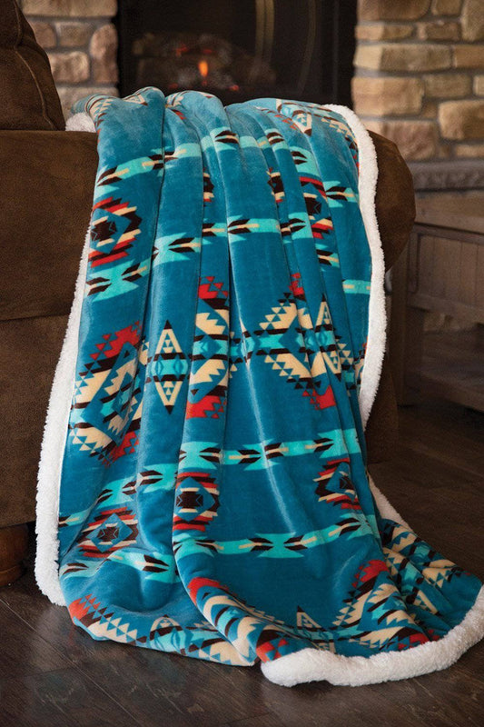 Southwestern Aztec Turquoise Plush Sherpa Throw Blanket — 54" × 68"
