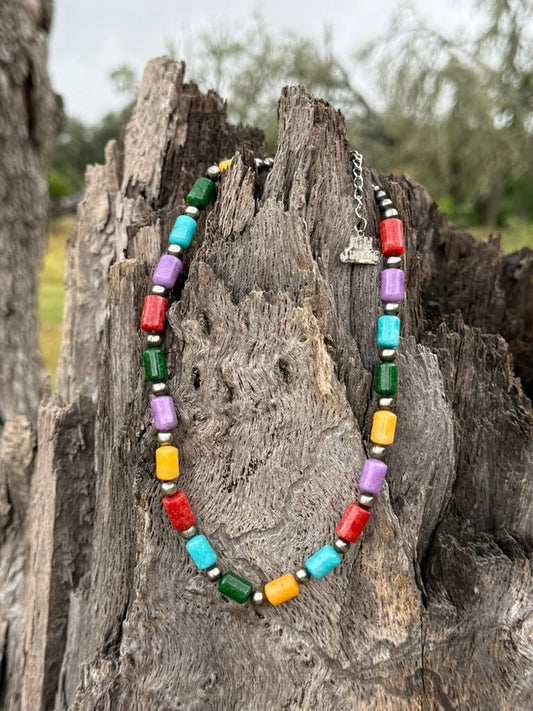 Sterling Silver Painted Desert Multicolor Barrel Beaded Necklace