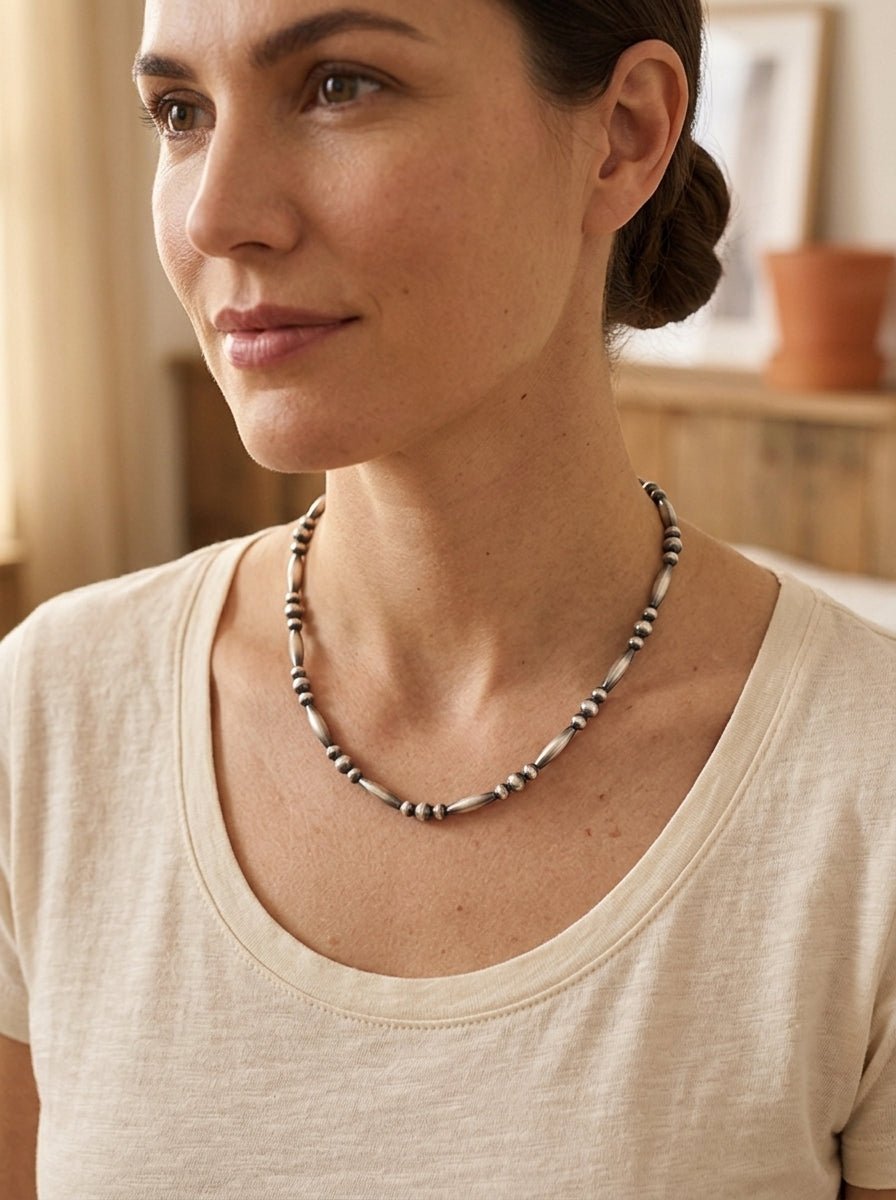 Sterling Silver Torpedo Bead Necklace with 5mm & 6mm Sterling Pearl Accents — 15 inch (Made in USA)