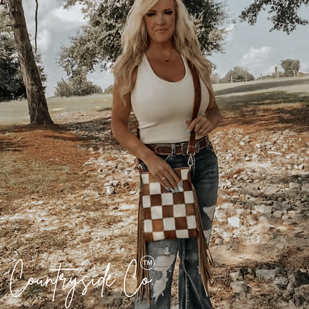 Stockdale Checkered Cowhide Fringe Purse
