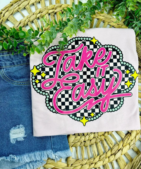 "Take It Easy" Western Graphic Tee — Pale Pink Tultex Soft Style with DTF Print
