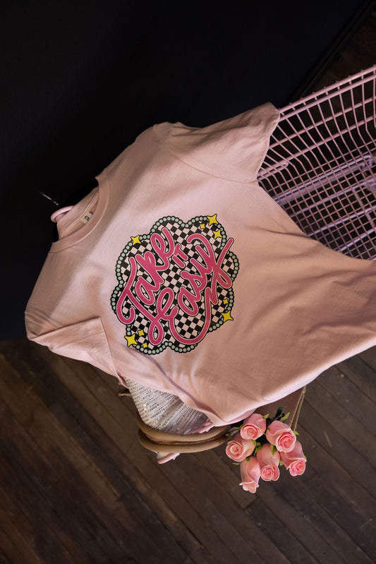 "Take It Easy" Western Graphic Tee — Pale Pink Tultex Soft Style with DTF Print