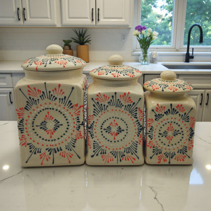 Talavera Ceramic Kitchen Canister Trio | White Multicolor Set