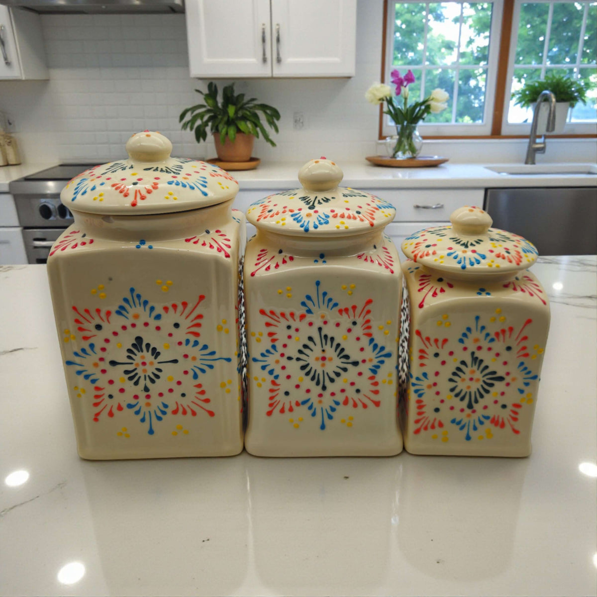 Talavera Ceramic Kitchen Canister Trio | White Multicolor Set