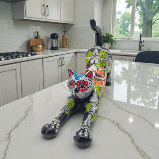 Talavera Stretching Cat Figurine | Mexican Day of the Dead Art