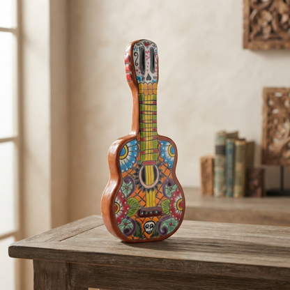 Talavera Guitar Statue | Hand-Painted Mexican Folk Art Decor