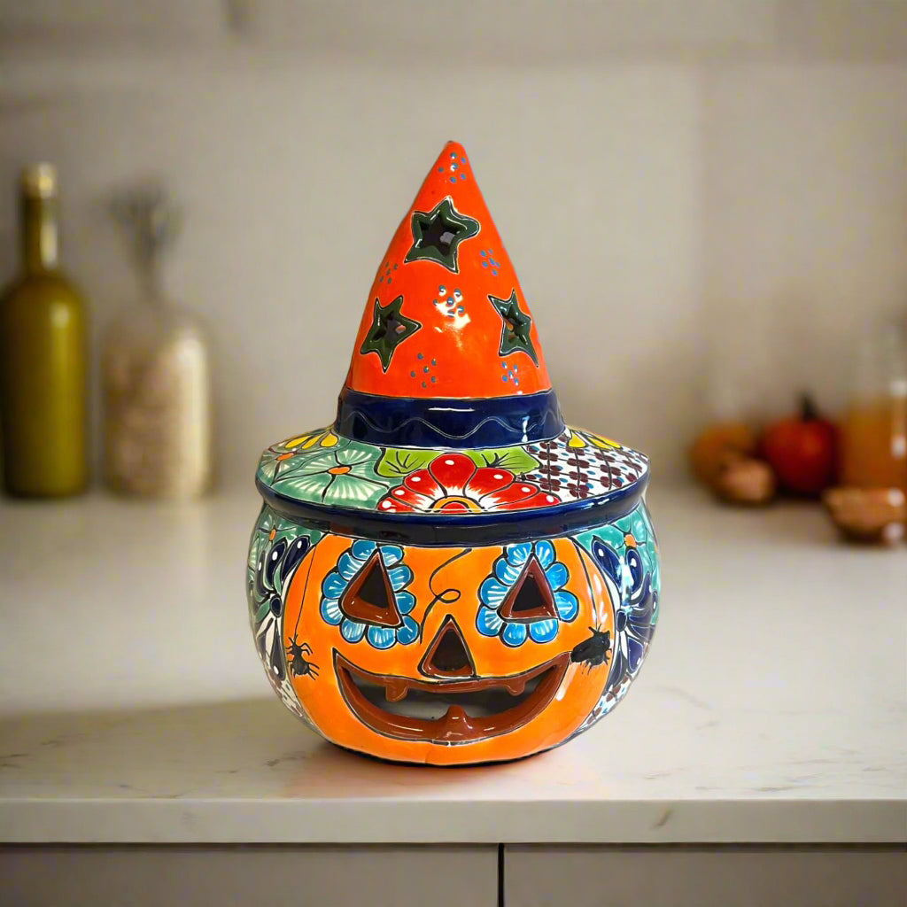Talavera Jack-o'-Lantern | Mexican Pumpkin with Witches Hat