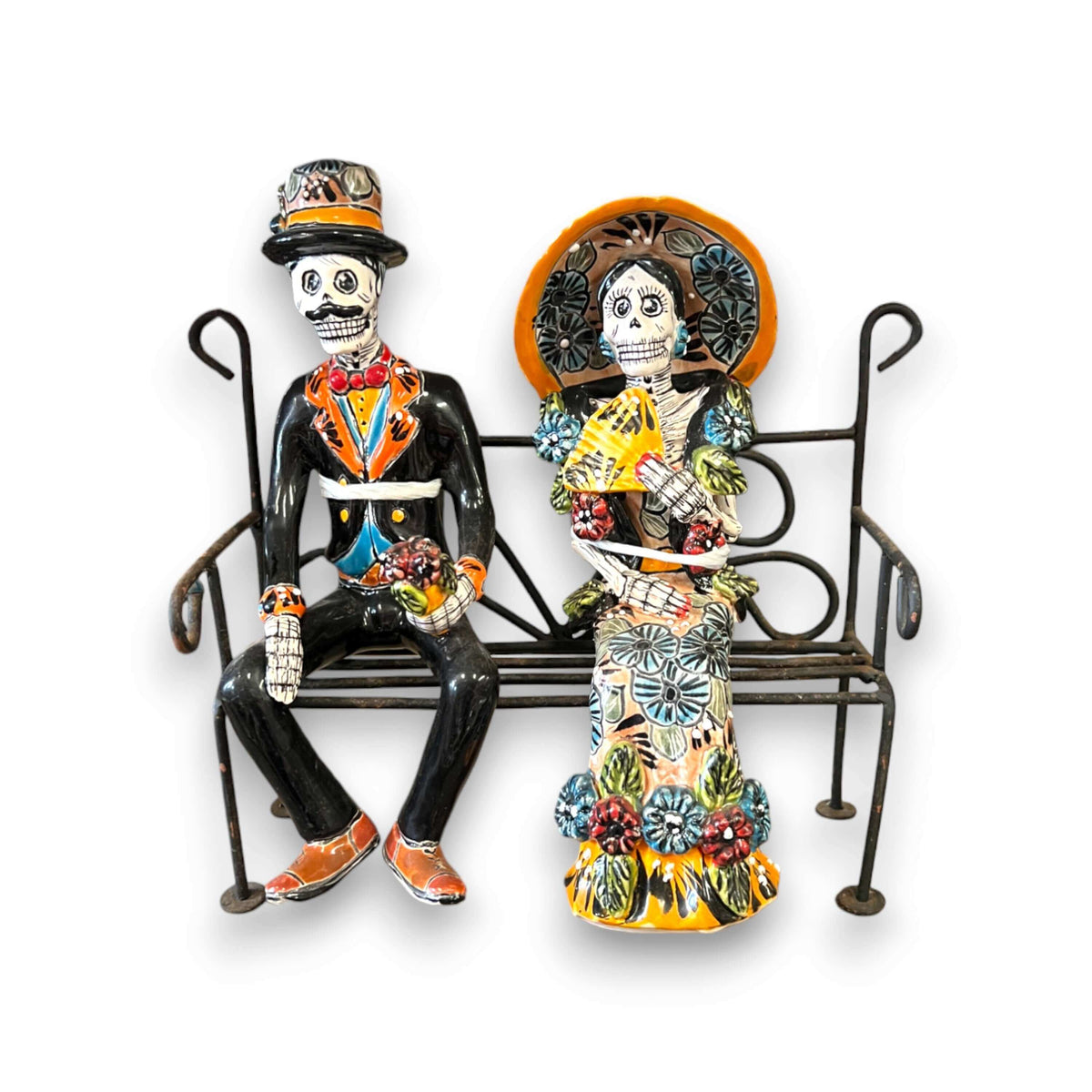 Talavera Skeleton Couple on Bench | Day of the Dead Mexican Decor