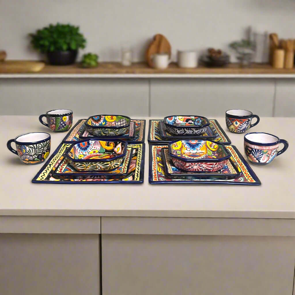 Talavera Square Dinnerware Set | 16-Piece Mexican Pottery Set