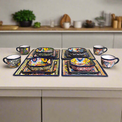 Talavera Square Dinnerware Set | 16-Piece Mexican Pottery Set