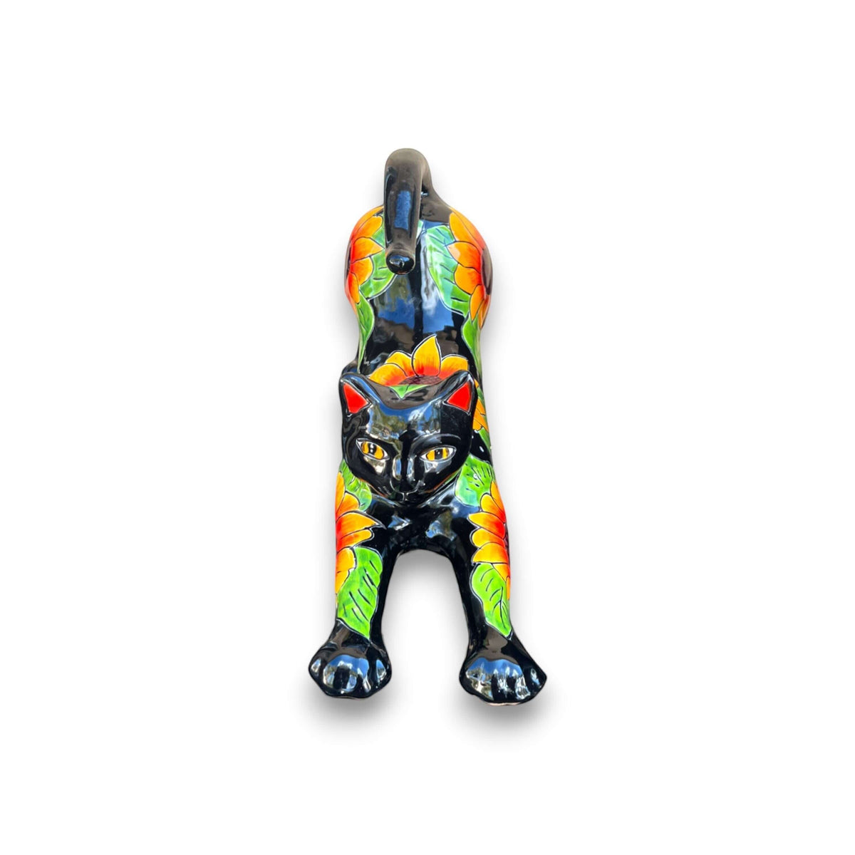 Talavera Stretching Cat Statue | Hand-Painted Sunflower Design