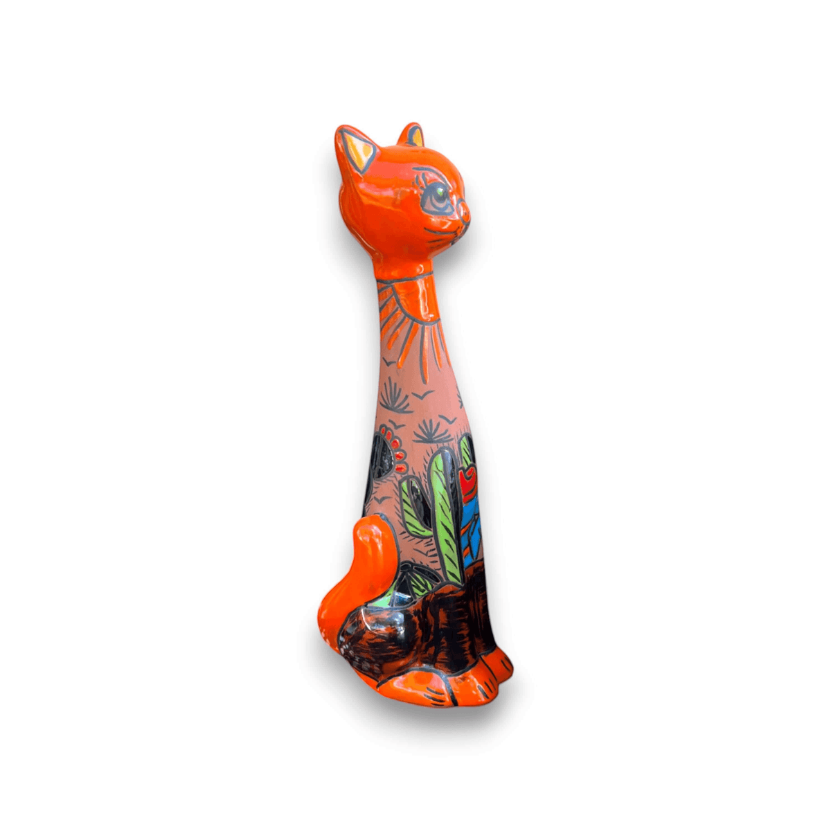 Tall Talavera Cat Statue | Mexican Terracotta Desert Design