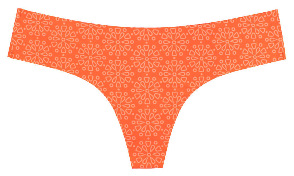 Orange Floral Print Laser Cut No Show Thong