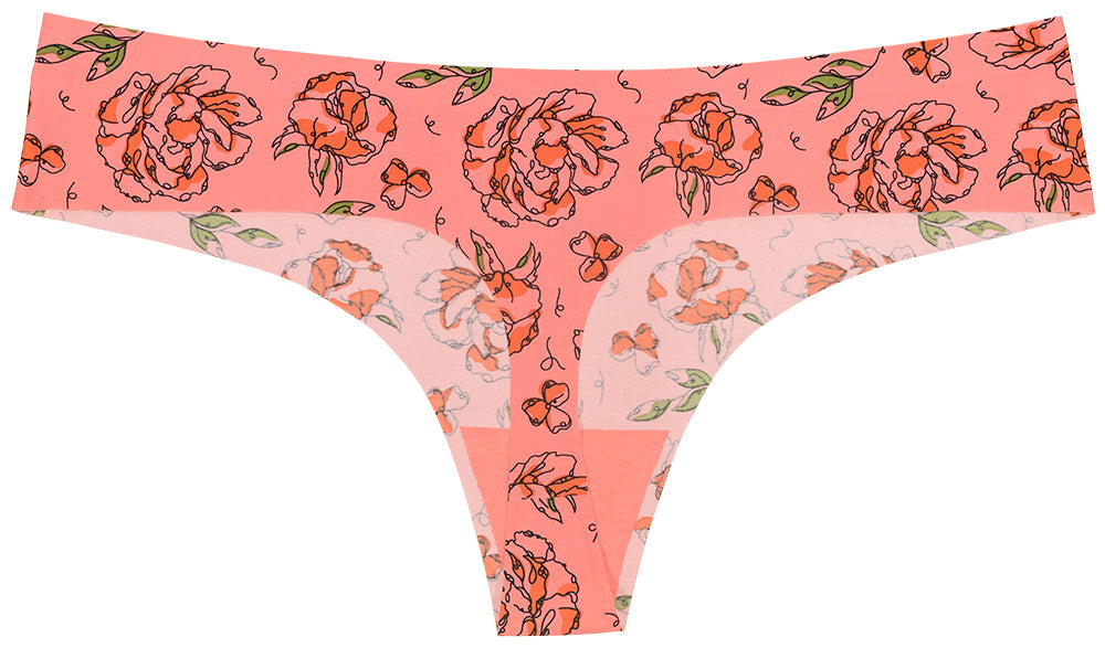 Pink Sketch Floral No Show Laser Cut Thong
