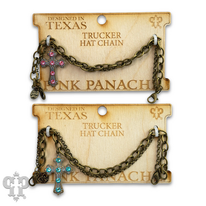 Bronze trucker hat chain with Austrian crystal cross charm