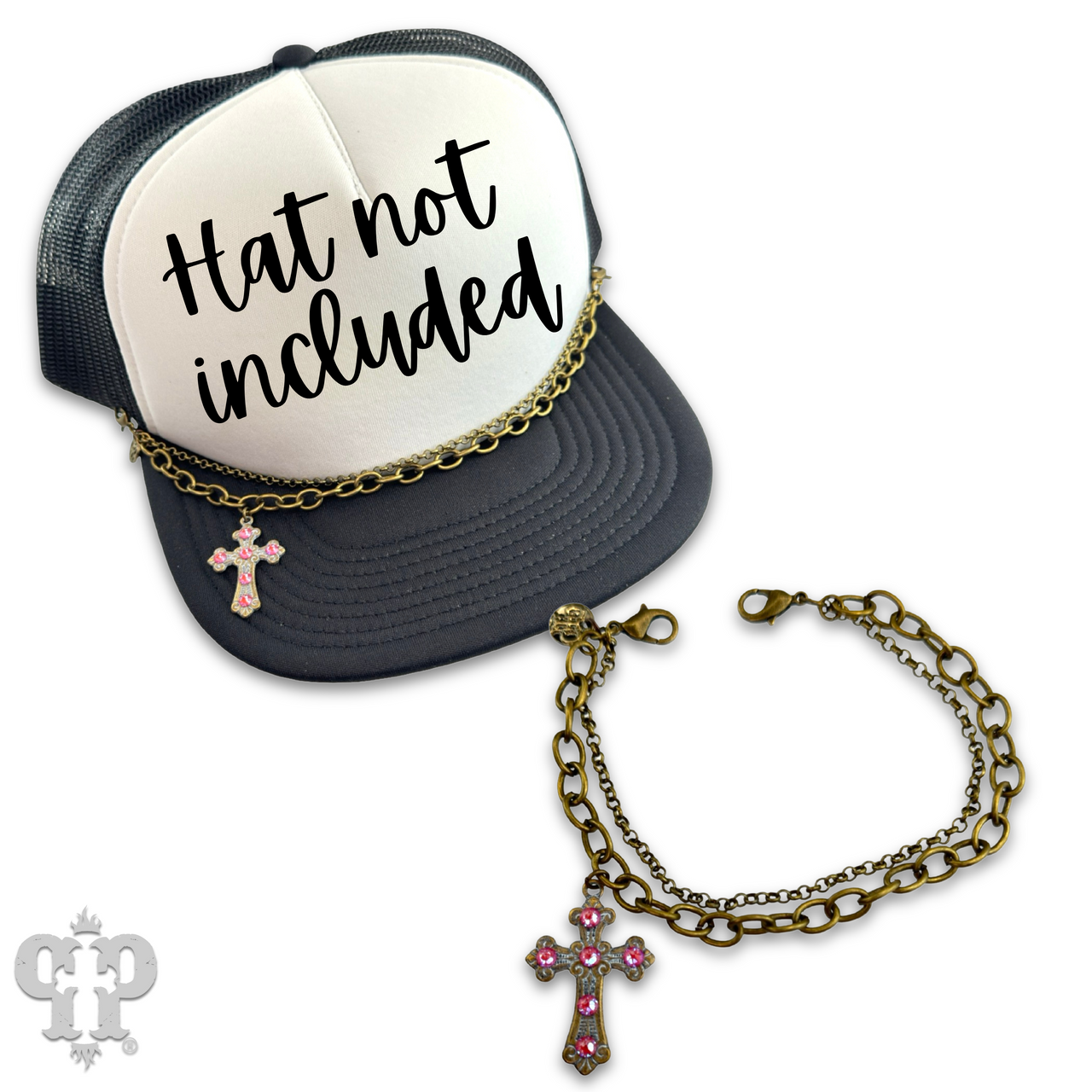 Bronze trucker hat chain with Austrian crystal cross charm