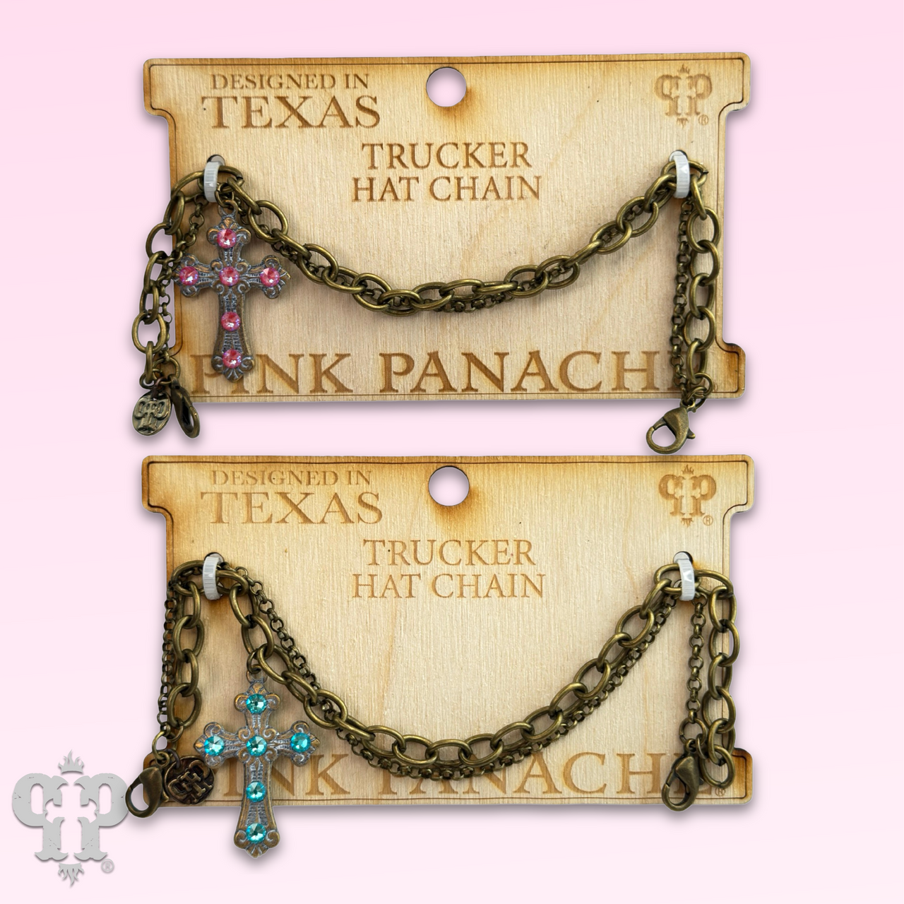 Bronze trucker hat chain with Austrian crystal cross charm