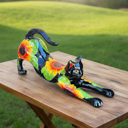 Talavera Stretching Cat Statue | Hand-Painted Sunflower Design