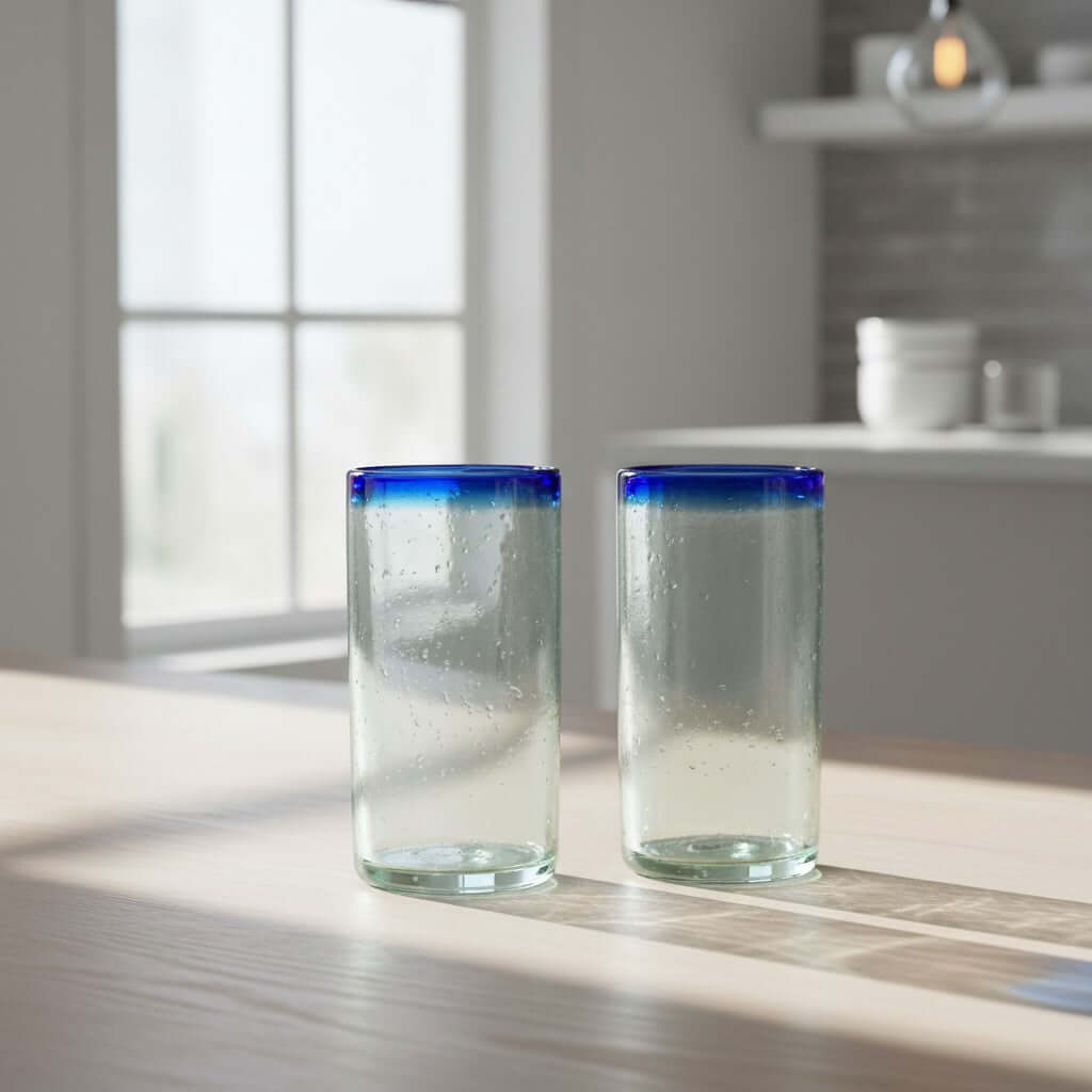 Mexican Blue Rim Tumbler | Hand-Blown Clear Glassware