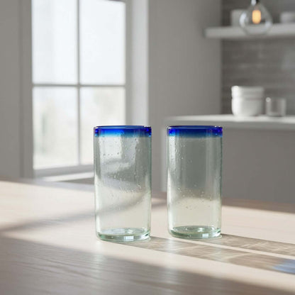Mexican Blue Rim Tumbler | Hand-Blown Clear Glassware