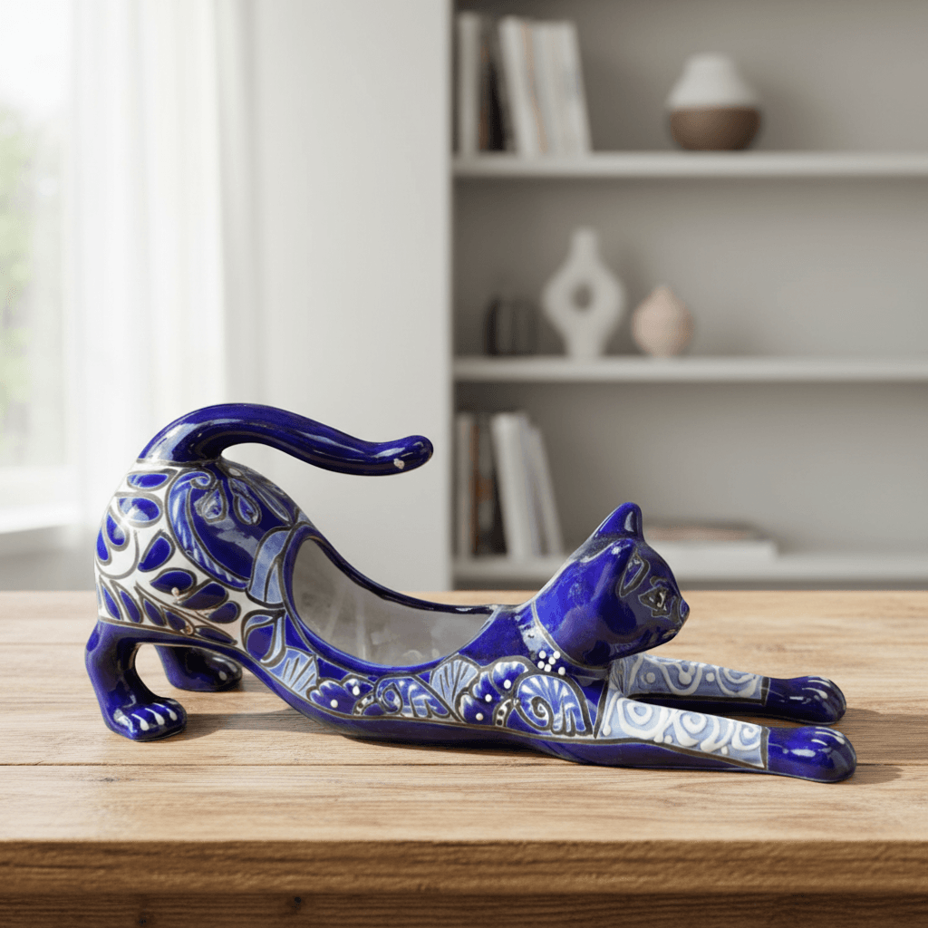 Blue Talavera Stretching Cat Planter | Mexican Folk Art Decor