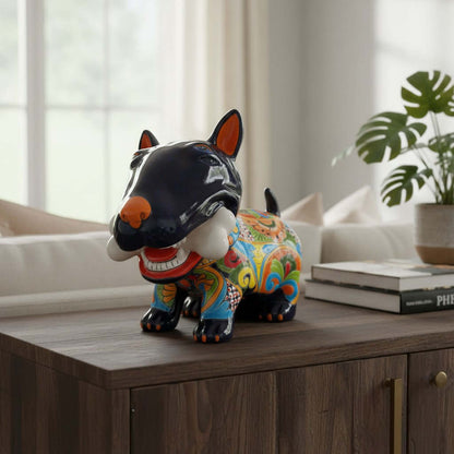 Talavera Bull Terrier Decor | Hand-painted Ceramic Dog with Bone