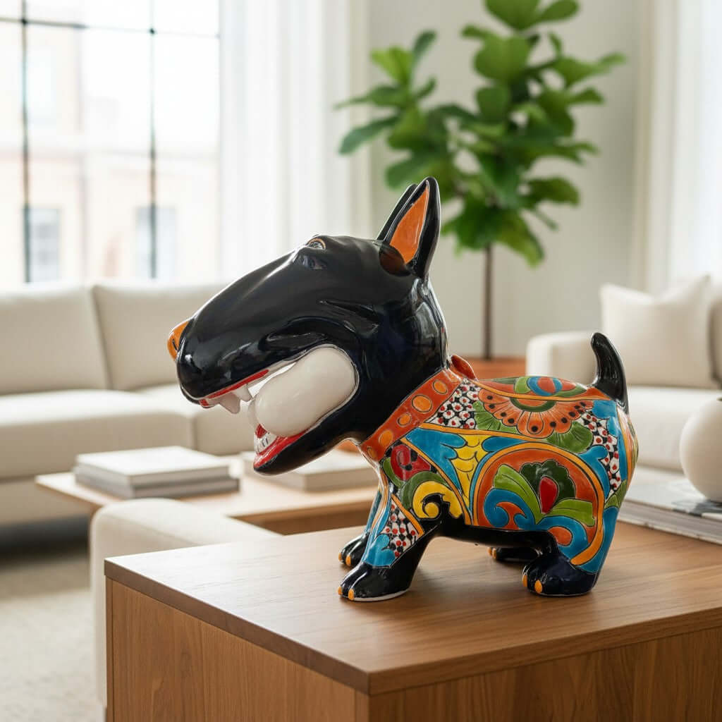 Talavera Bull Terrier Decor | Hand-painted Ceramic Dog with Bone