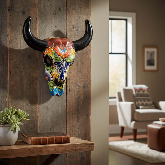 Talavera Bull Skull Wall Decor | Colorful Handmade Longhorn Art