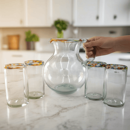 Mexican Hand-Blown Glass Pitcher | Confetti Rim