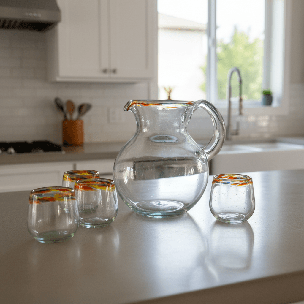 Mexican Hand-Blown Glass Pitcher | Confetti Rim
