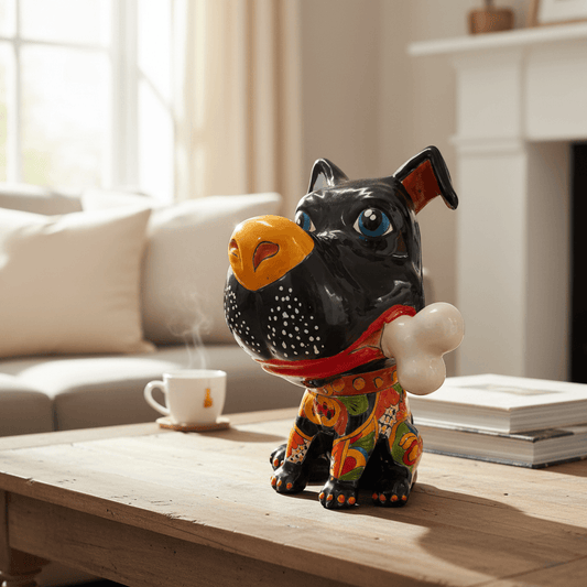 Talavera Dog with Bone | Hand-Painted Ceramic Canine Decor